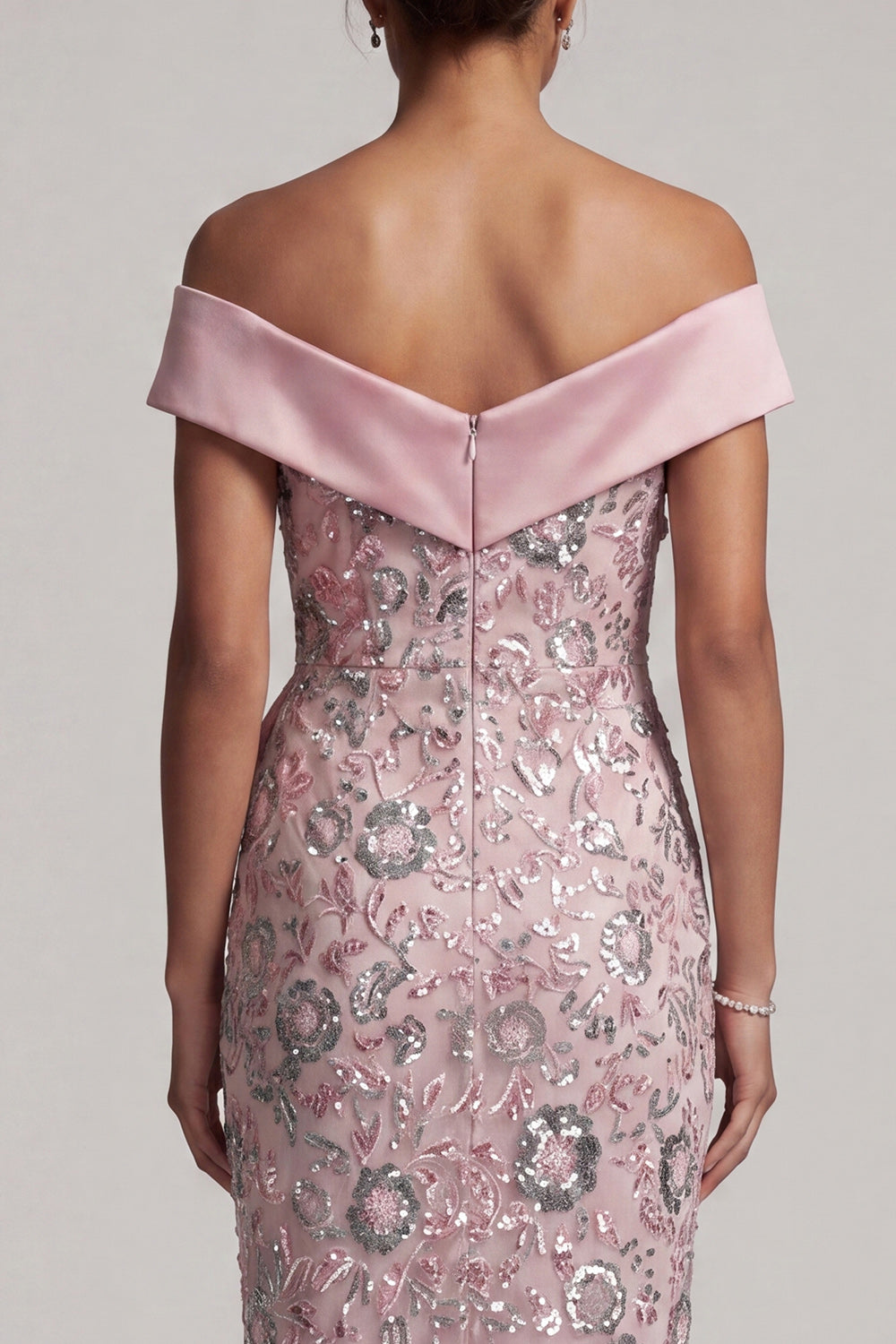 Light Pink Sheath Off the Shoulder Sequins Tea-Length Mother of the Bride Dress with Draping