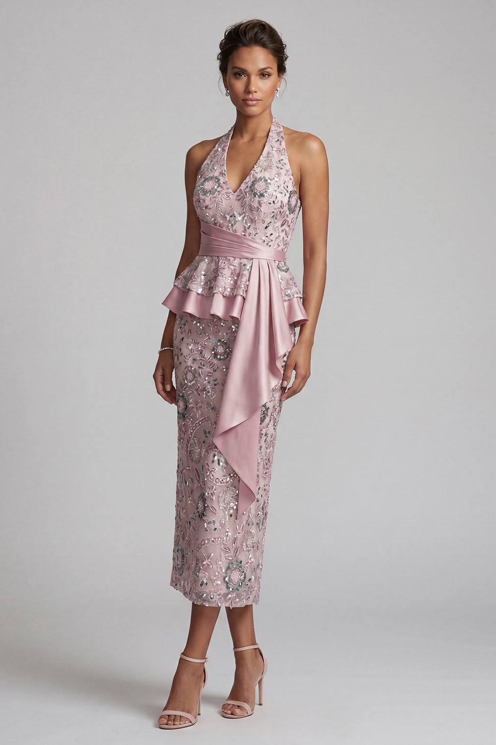 Light Pink Sheath Halter Draping Midi Mother of the Bride Dress with Beading