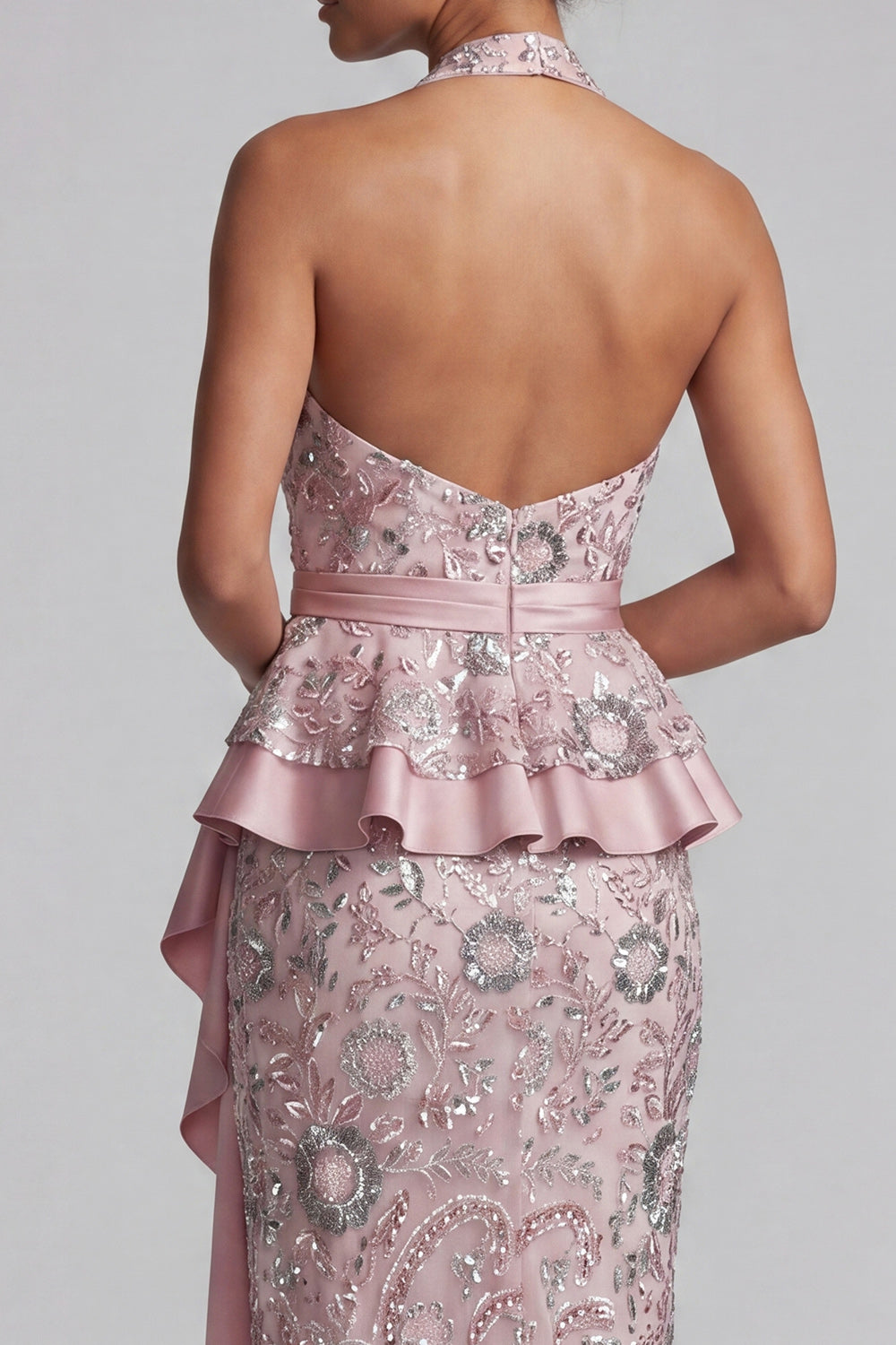 Light Pink Sheath Halter Draping Midi Mother of the Bride Dress with Beading