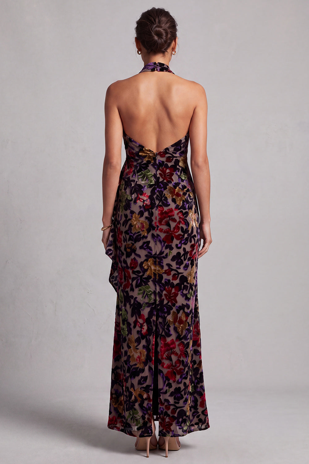 Black Halter Neck Velvet Floral Long Sheath Mother of the Bride Dress with Side Ruffle
