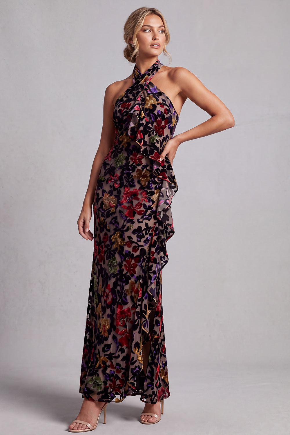 Black Halter Neck Velvet Floral Long Sheath Mother of the Bride Dress with Side Ruffle