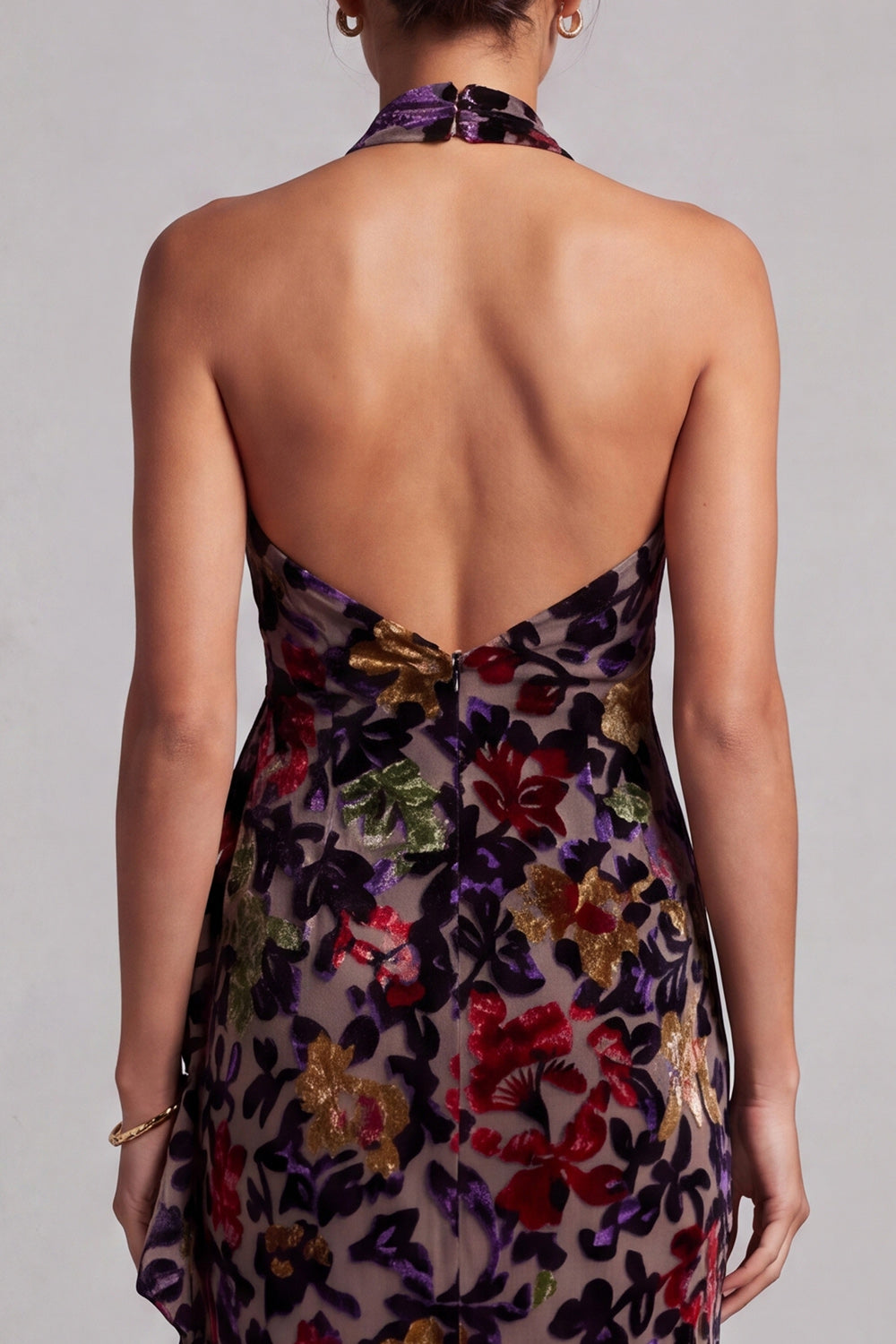 Black Halter Neck Velvet Floral Long Sheath Mother of the Bride Dress with Side Ruffle