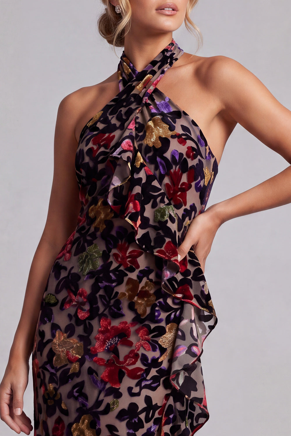 Black Halter Neck Velvet Floral Long Sheath Mother of the Bride Dress with Side Ruffle