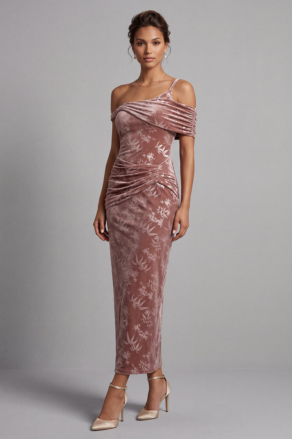 Desert Rose Velvet Asymmetrical One-Shoulder Ruched Sheath Mother of the Bride Dress