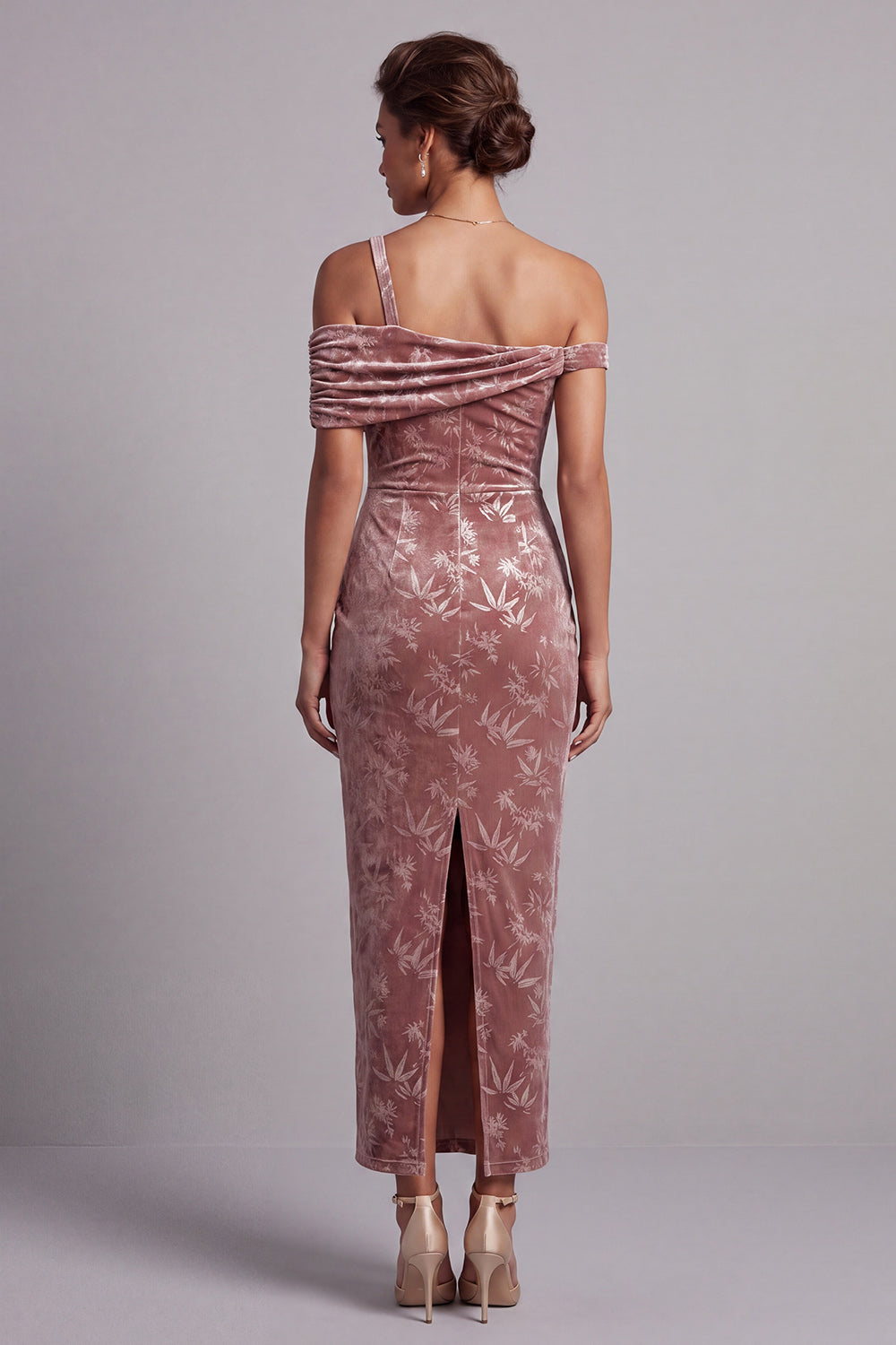 Desert Rose Velvet Asymmetrical One-Shoulder Ruched Sheath Mother of the Bride Dress