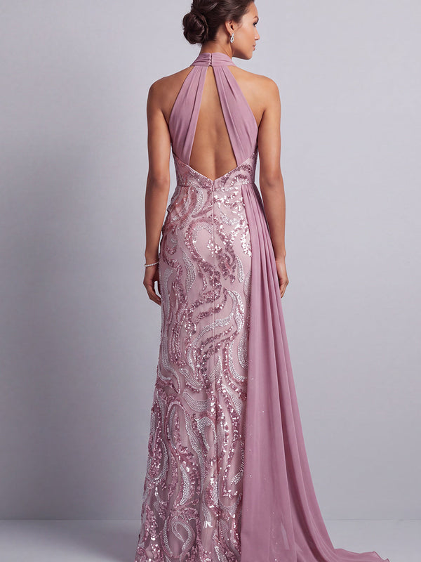 Robe de mère de la mariée Wisteria en mousseline avec sequins, col halter, ruché, sirène, traîne et drapé