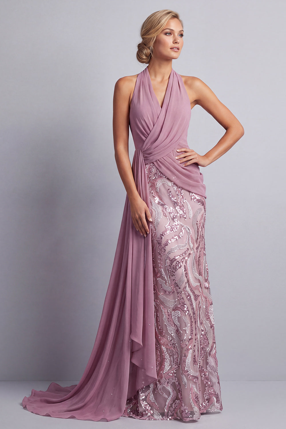 Wisteria Chiffon Halter Neck Sequins Ruched Mermaid Sweep Train Mother of the Bride Dress with Draping