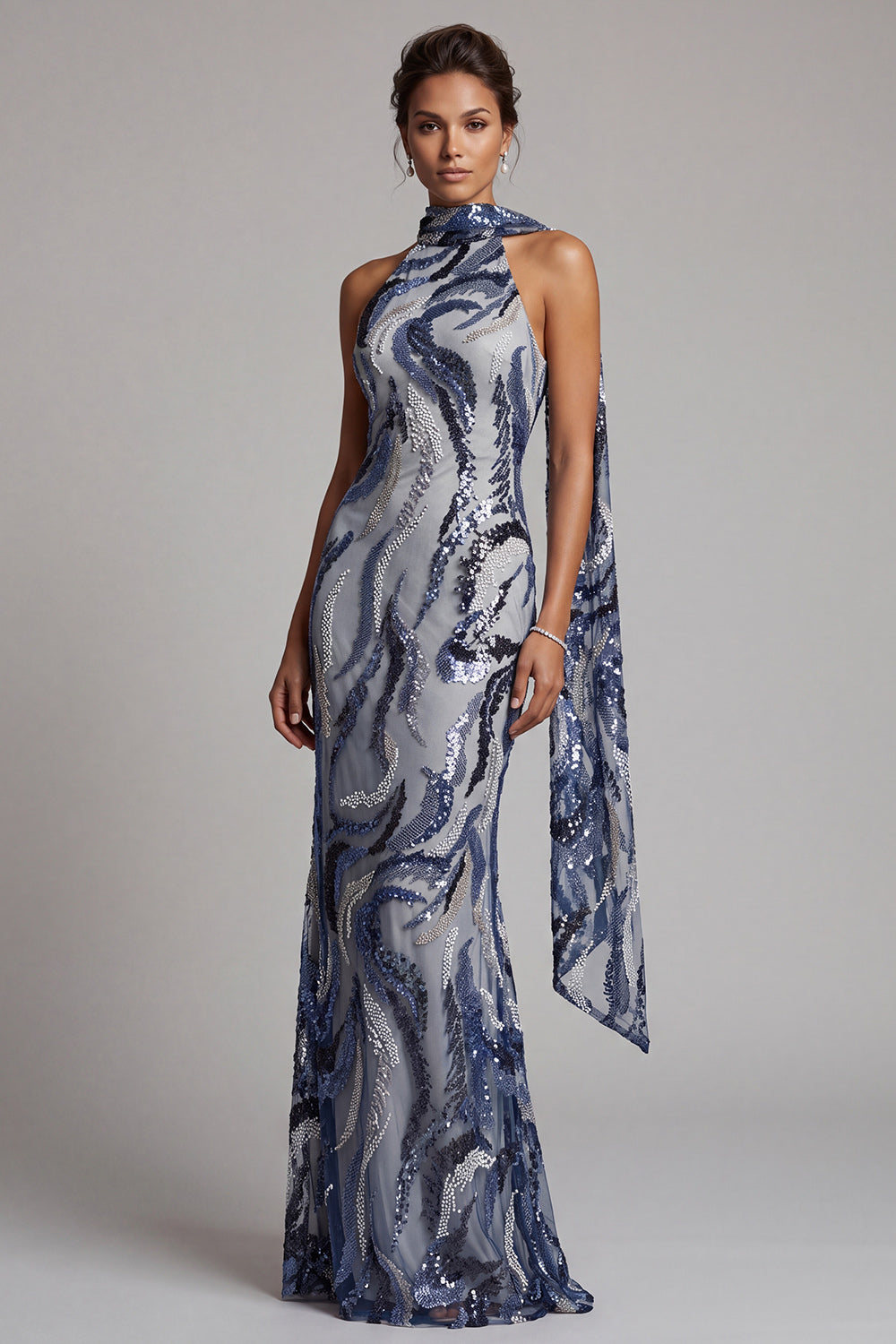 Navy Sequined Mermaid High Neck Long Mother of the Bride Dress with Beading