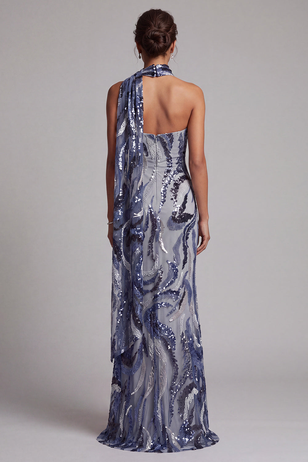 Navy Sequined Mermaid High Neck Long Mother of the Bride Dress with Beading