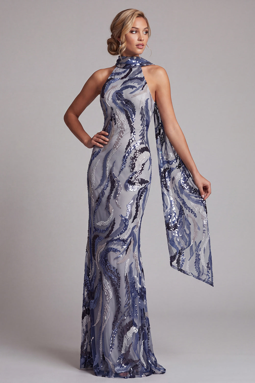 Navy Sequined Mermaid High Neck Long Mother of the Bride Dress with Beading