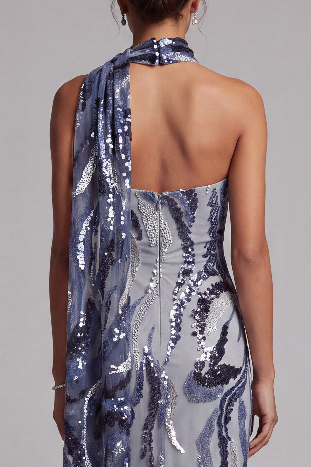 Navy Sequined Mermaid High Neck Long Mother of the Bride Dress with Beading