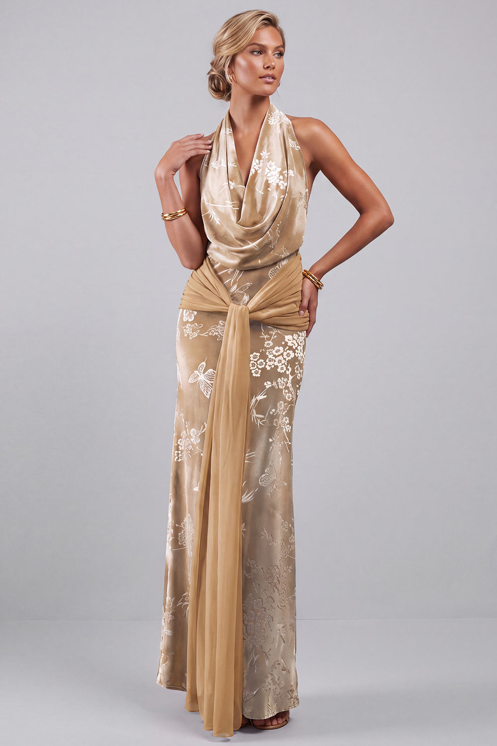 Champagne Velvet Cowl Neck Floral Jacquard Sheath Long Mother of the Bride Dress with Sash