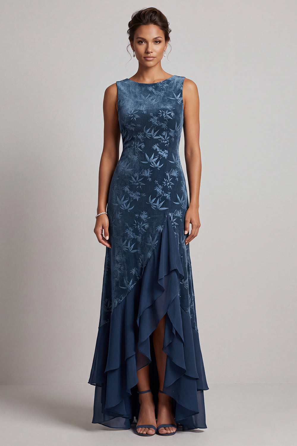 Dark Navy Bateau Neck Velvet Jacquard Asymmetrical Mother of the Bride Dress with Ruffle Slit