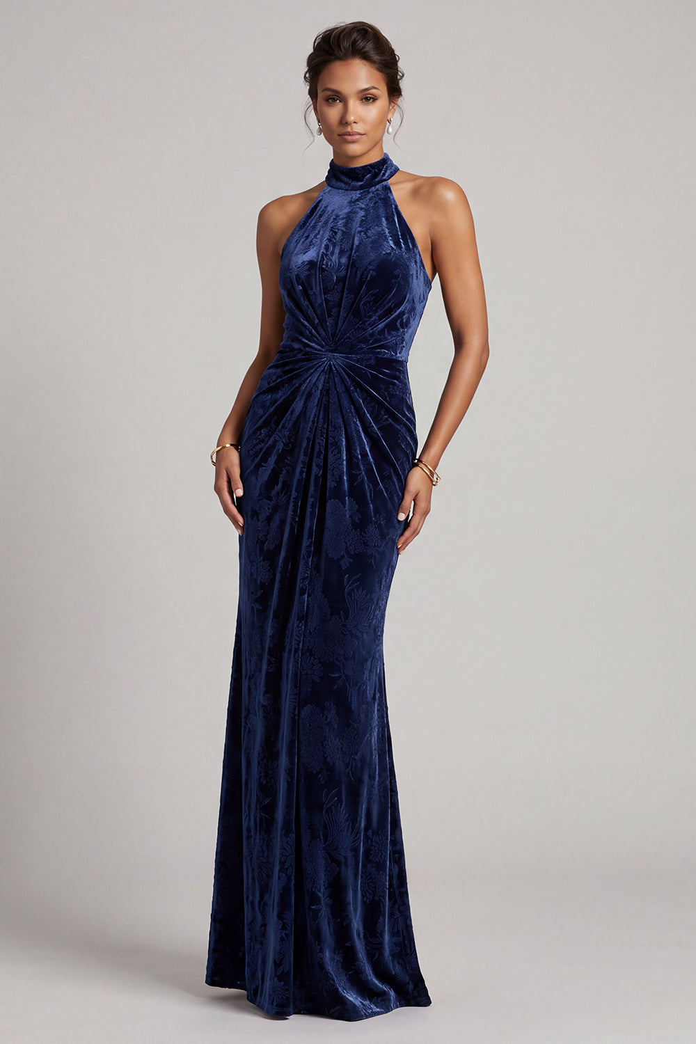 Dark Navy Velvet Ruched High Neck Mermaid Long Mother of the Bride Dress