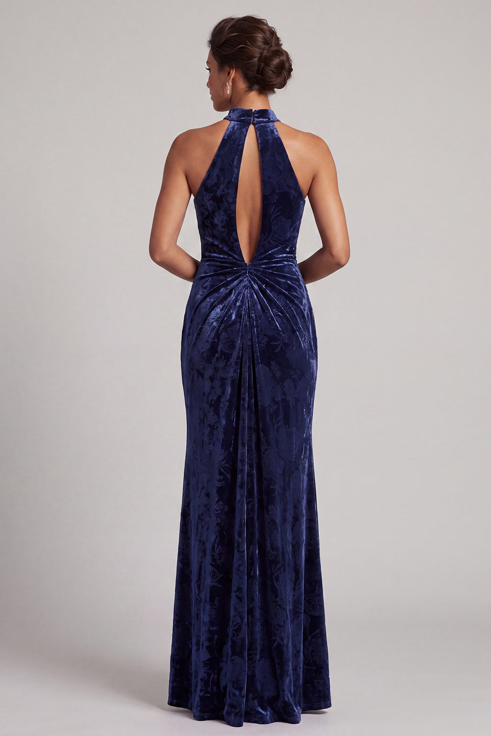Dark Navy Velvet Ruched High Neck Mermaid Long Mother of the Bride Dress