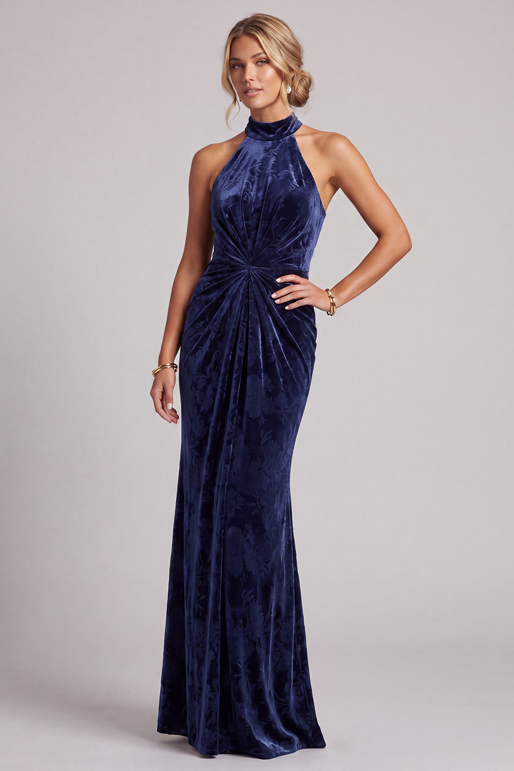 Dark Navy Velvet Ruched High Neck Mermaid Long Mother of the Bride Dress