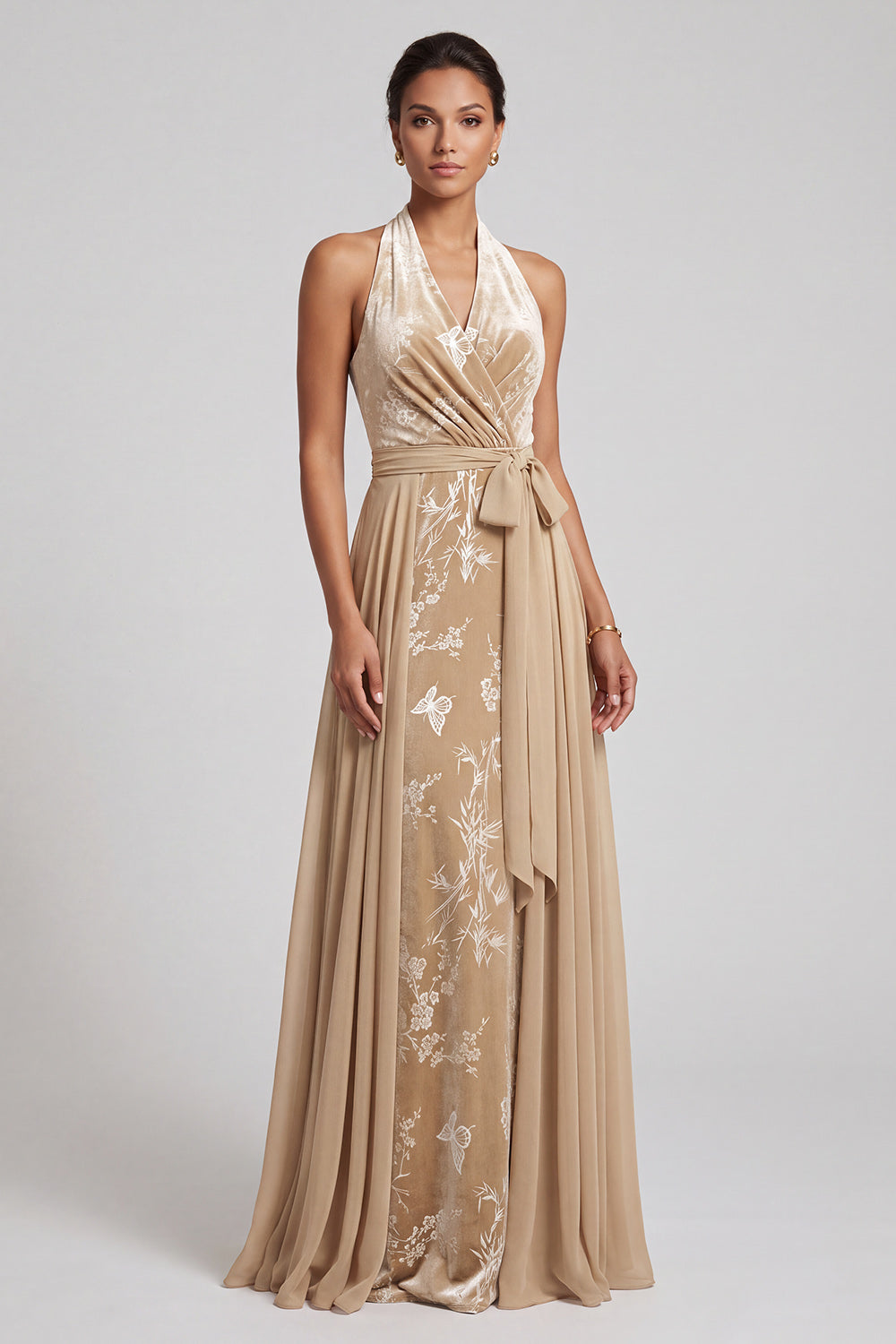 Champagne Velvet Halter Neck Jacquard Ruched Long Mother of the Bride Dress with Sash