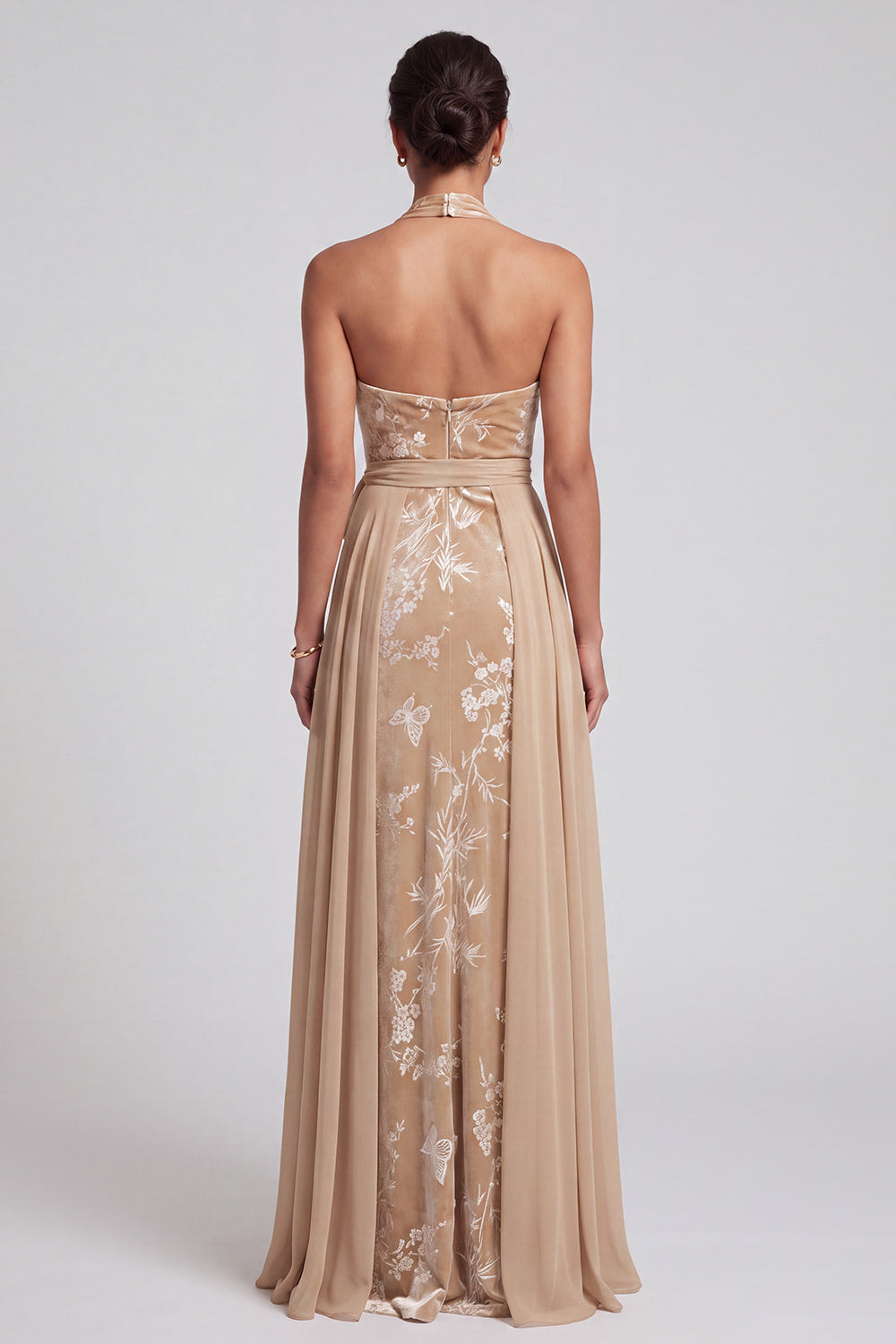 Champagne Velvet Halter Neck Jacquard Ruched Long Mother of the Bride Dress with Sash