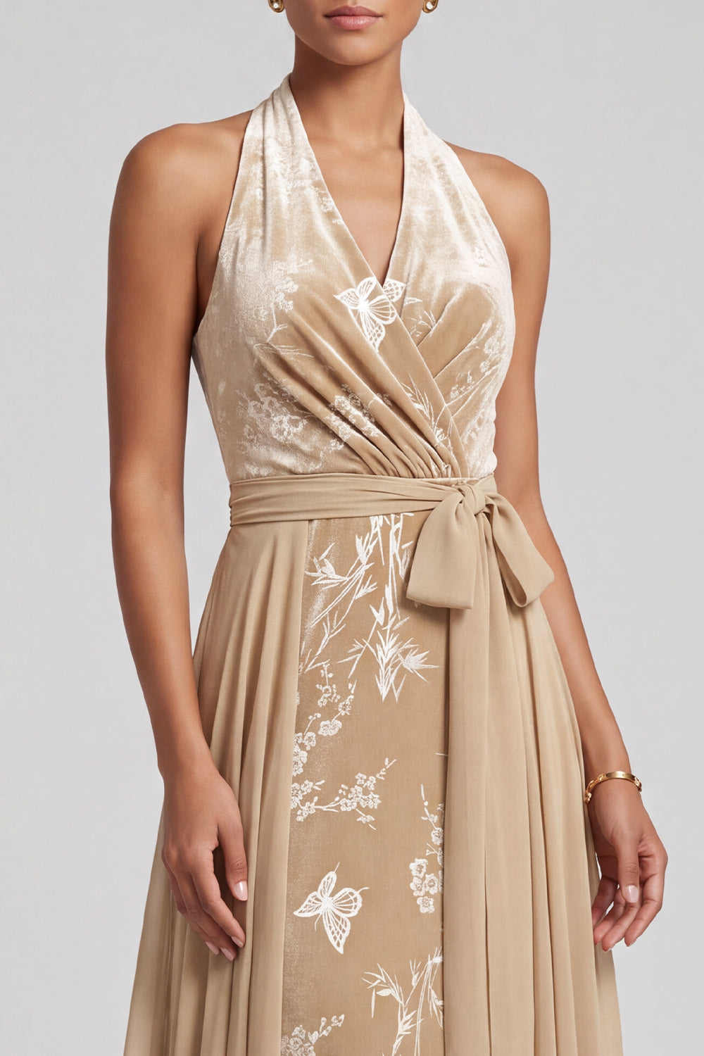 Champagne Velvet Halter Neck Jacquard Ruched Long Mother of the Bride Dress with Sash