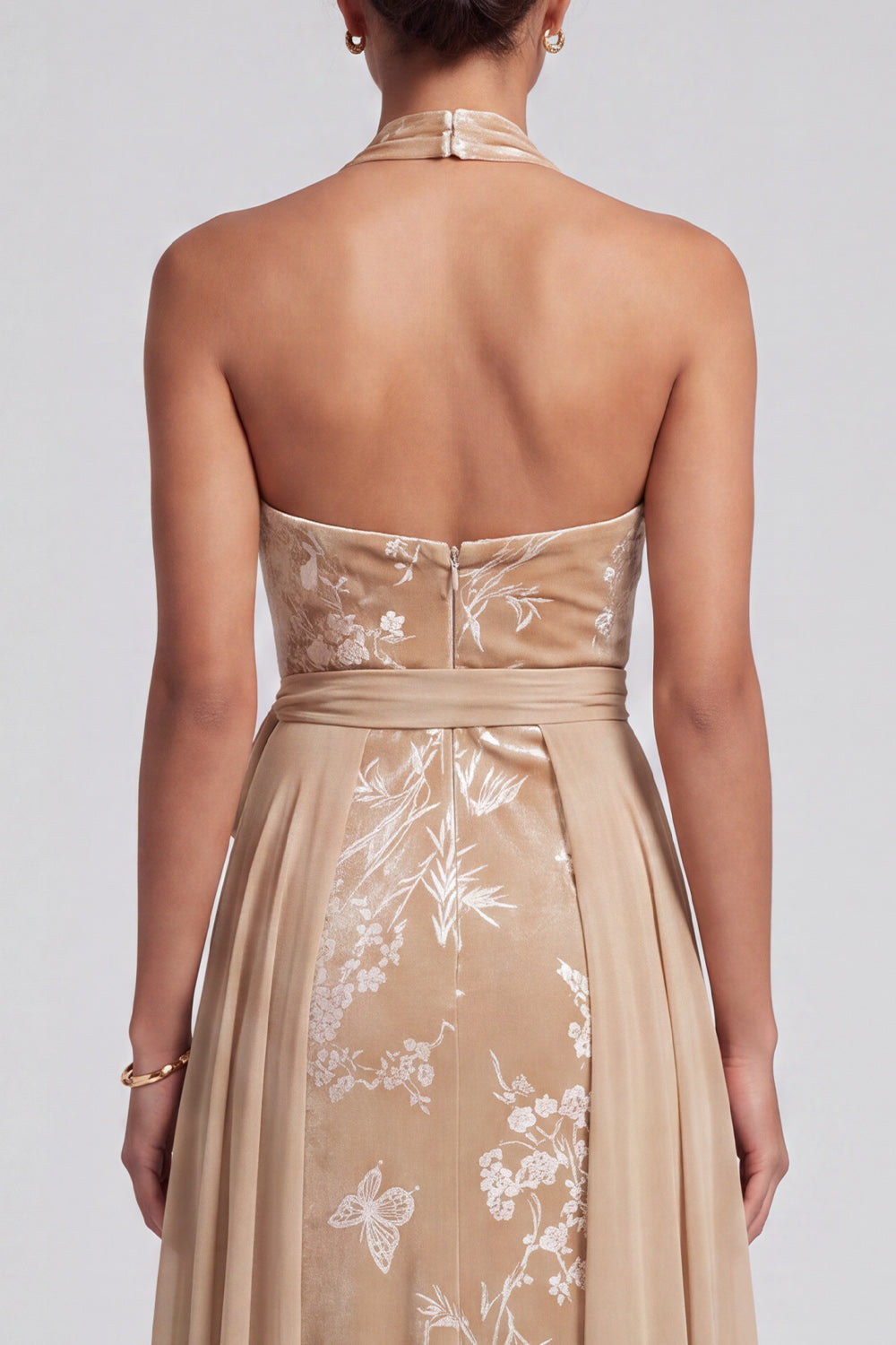 Champagne Velvet Halter Neck Jacquard Ruched Long Mother of the Bride Dress with Sash