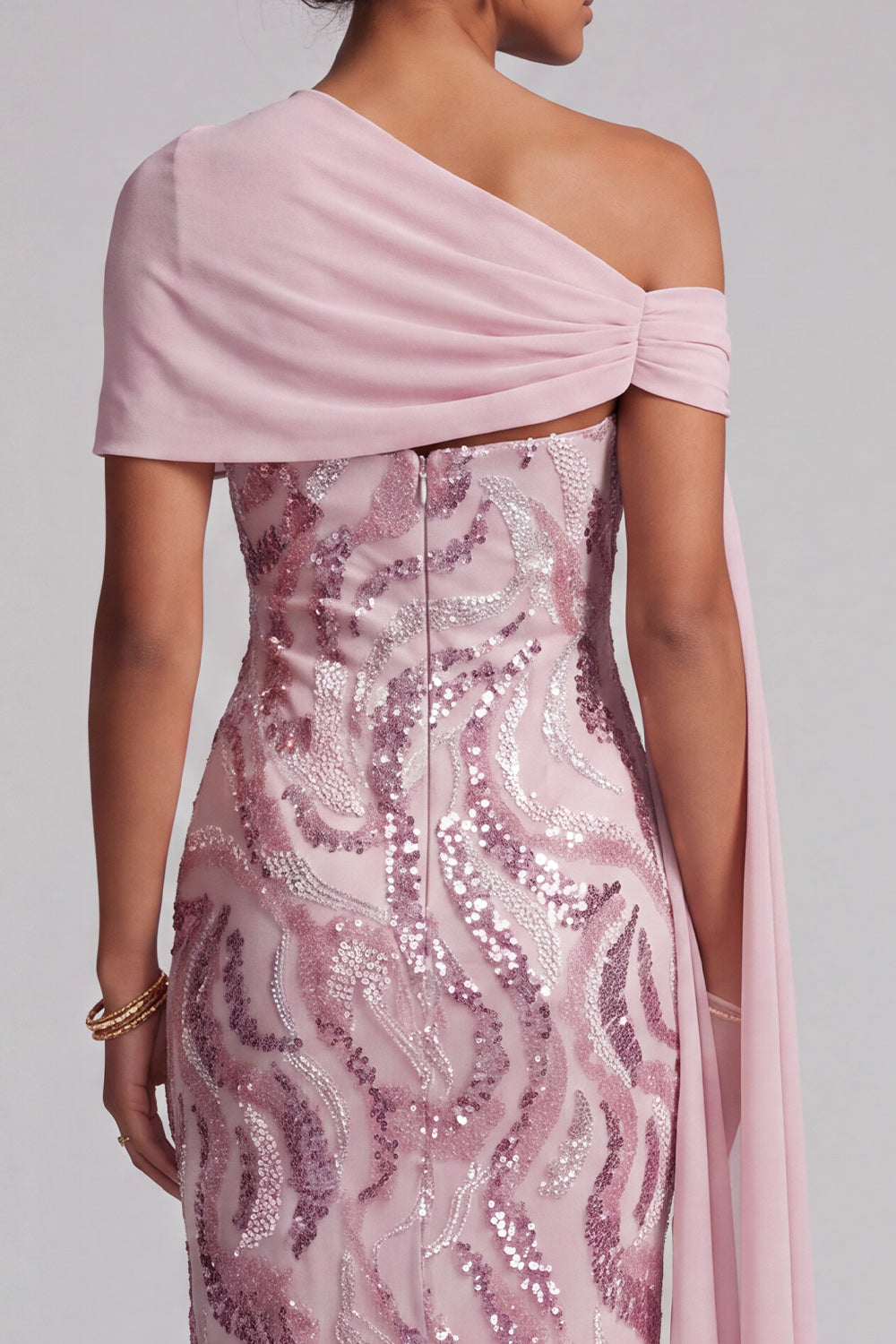 Sparkly Pink One Shoulder Sequins Mermaid Long Mother of the Bride Dress with Beading