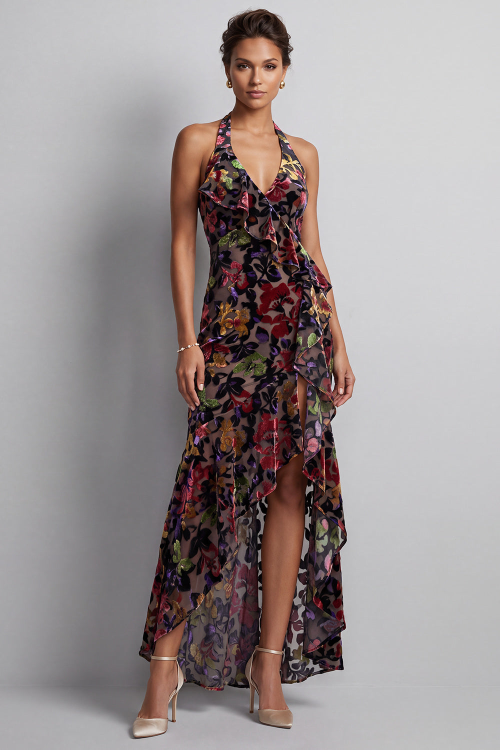 Black Velvet Floral Halter Neck High Low Asymmetrical A-Line Mother of the Bride Dress with Side Slit Ruffles