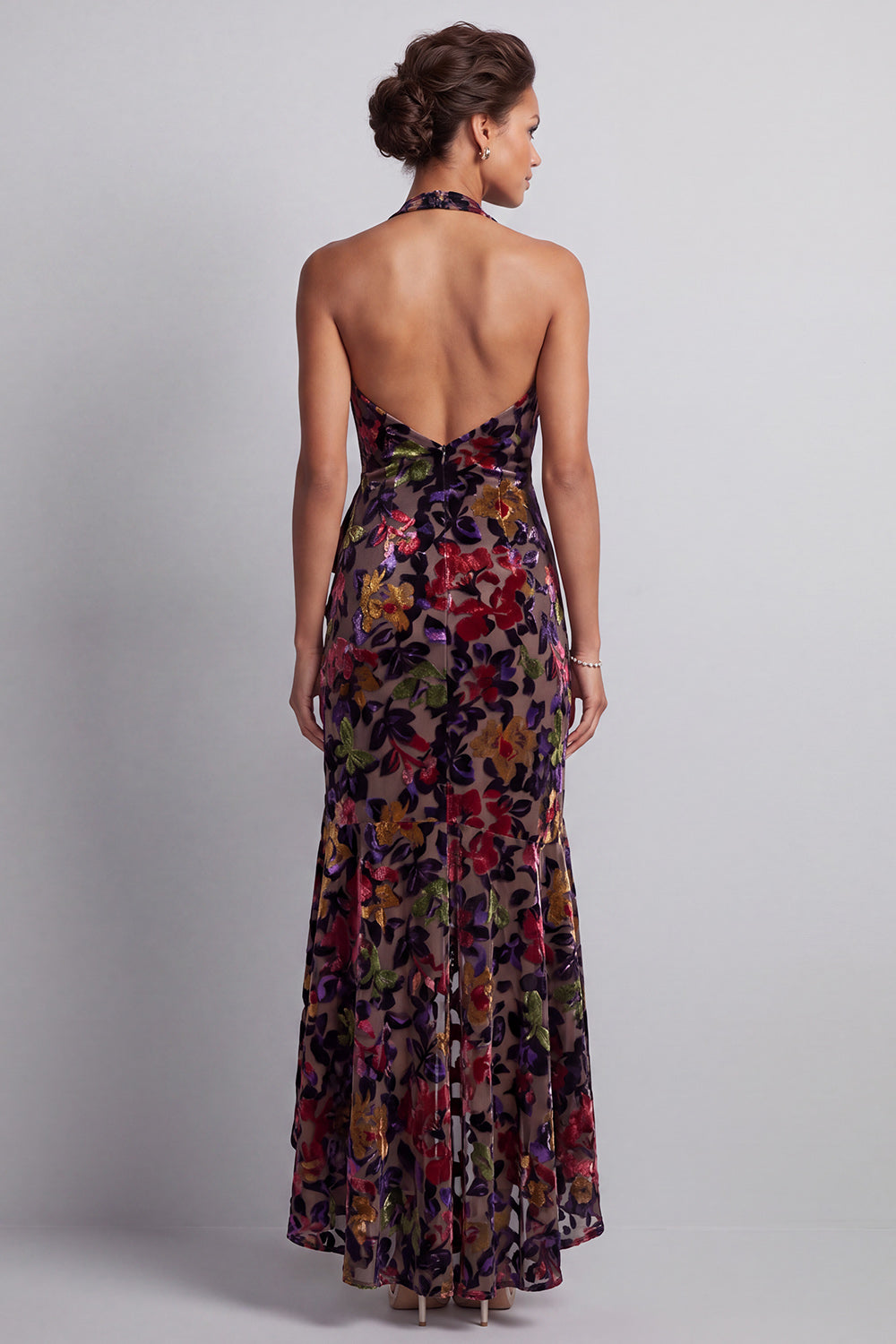 Black Velvet Floral Halter Neck High Low Asymmetrical A-Line Mother of the Bride Dress with Side Slit Ruffles