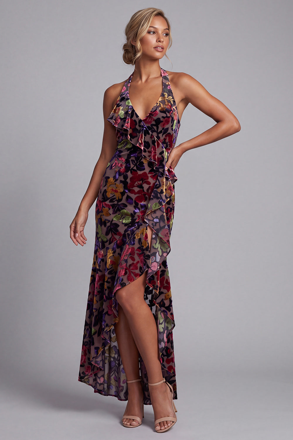 Black Velvet Floral Halter Neck High Low Asymmetrical A-Line Mother of the Bride Dress with Side Slit Ruffles