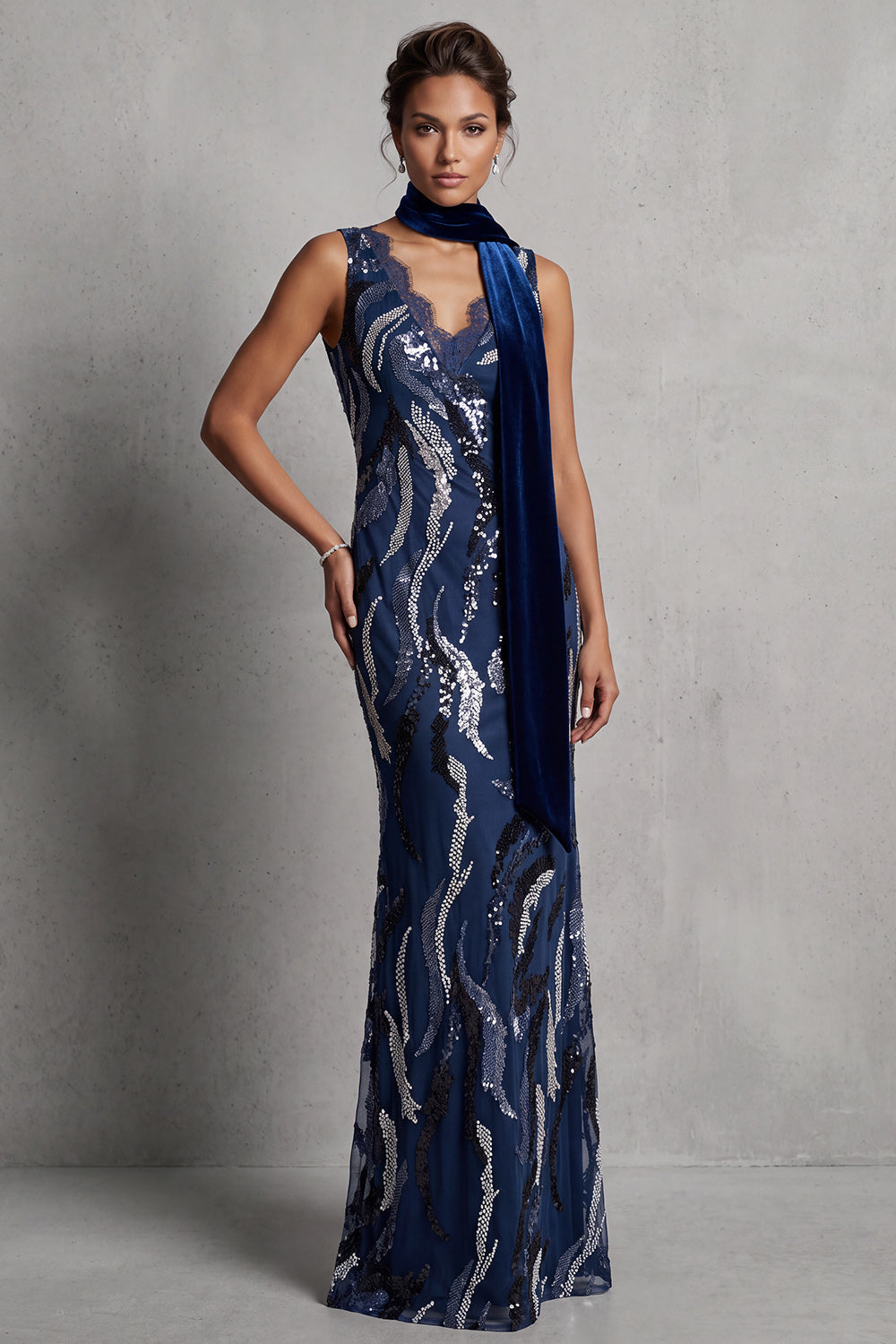 Dark Navy Lace Sequins Mermaid Long Mother of the Bride Dress with Draping