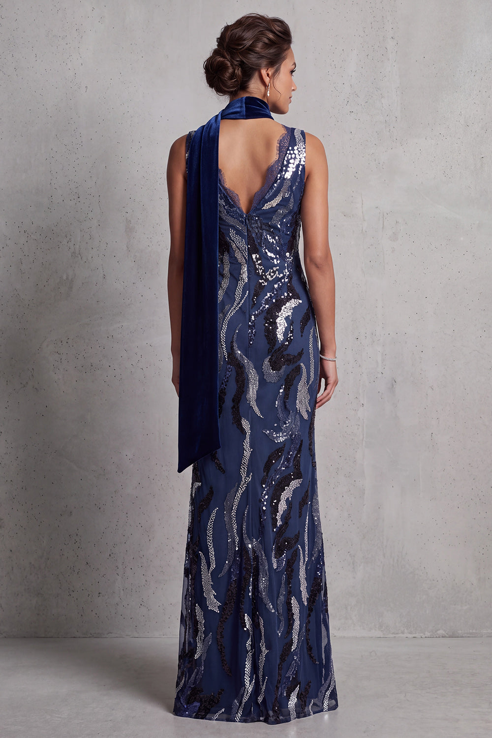 Dark Navy Lace Sequins Mermaid Long Mother of the Bride Dress with Draping