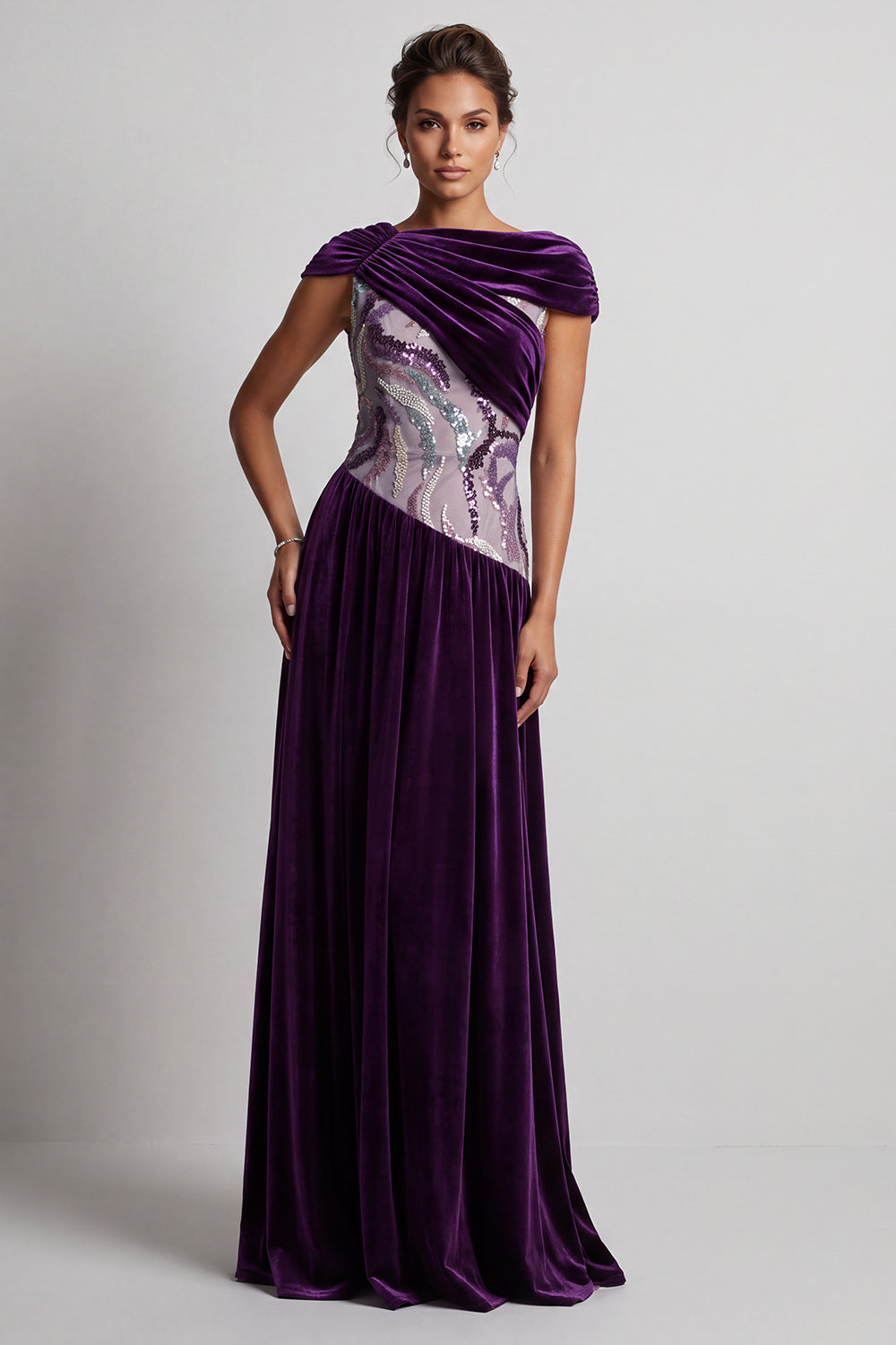 Plum Velvet Bateau Neck Ruched Sequins A-Line Long Mother of the Bride Dress with Beading