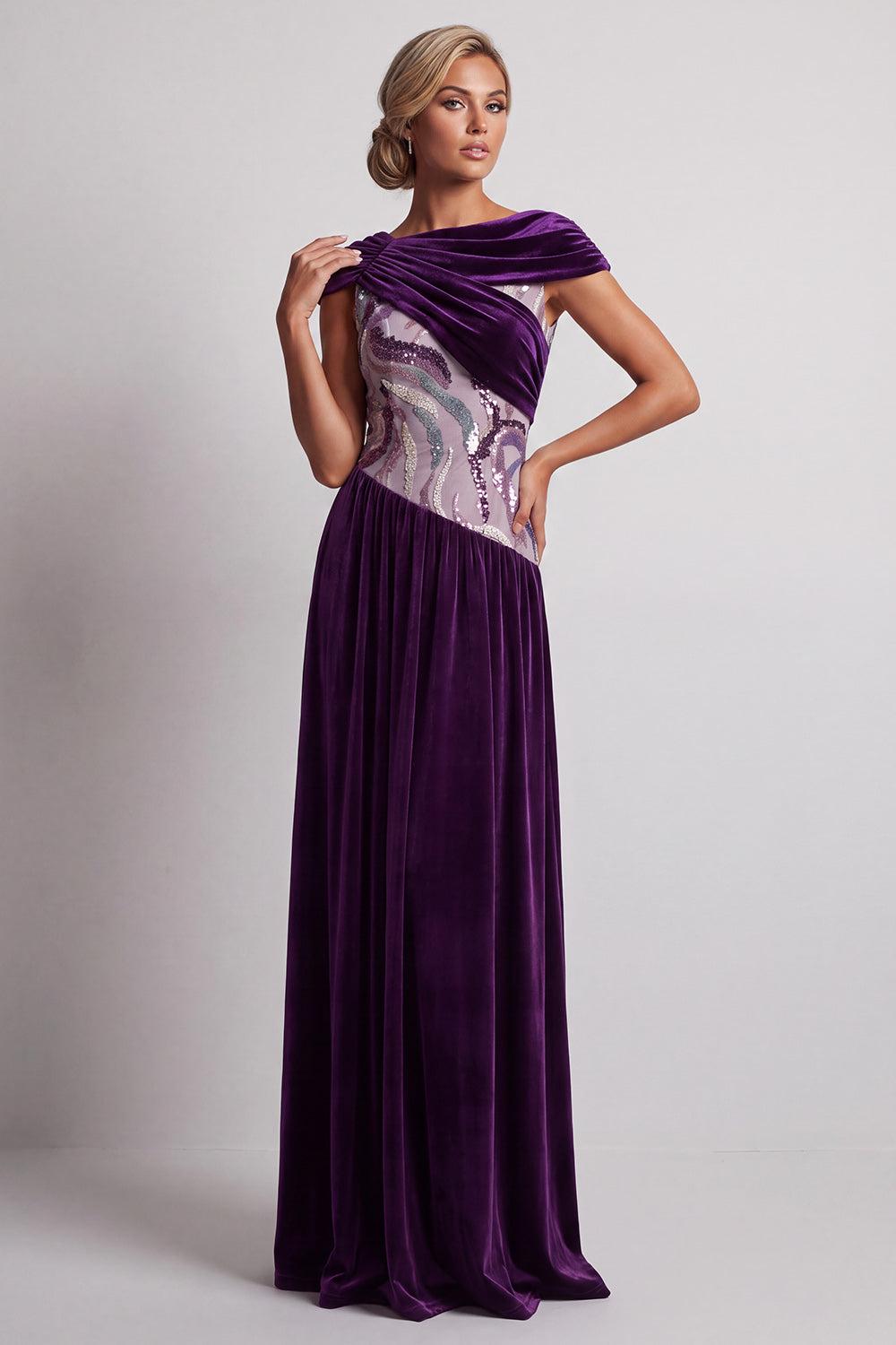 Plum Velvet Bateau Neck Ruched Sequins A-Line Long Mother of the Bride Dress with Beading