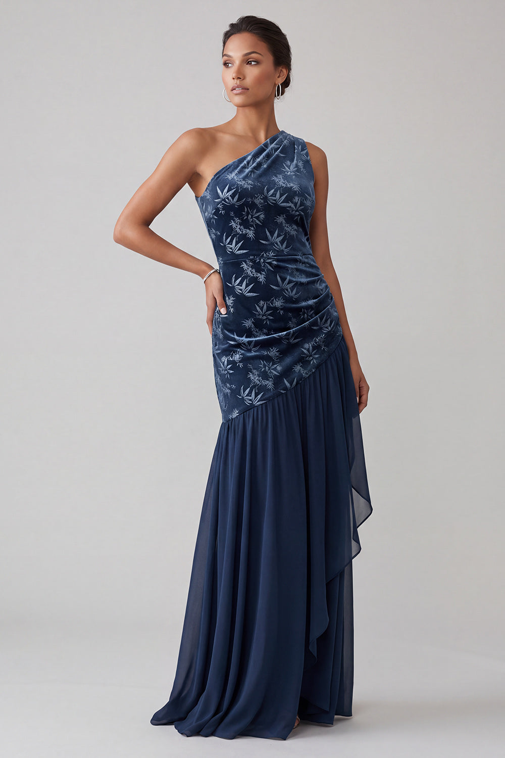 Navy Velvet One-Shoulder Asymmetrical Chiffon Mermaid Ruched Mother of the Bride Dress