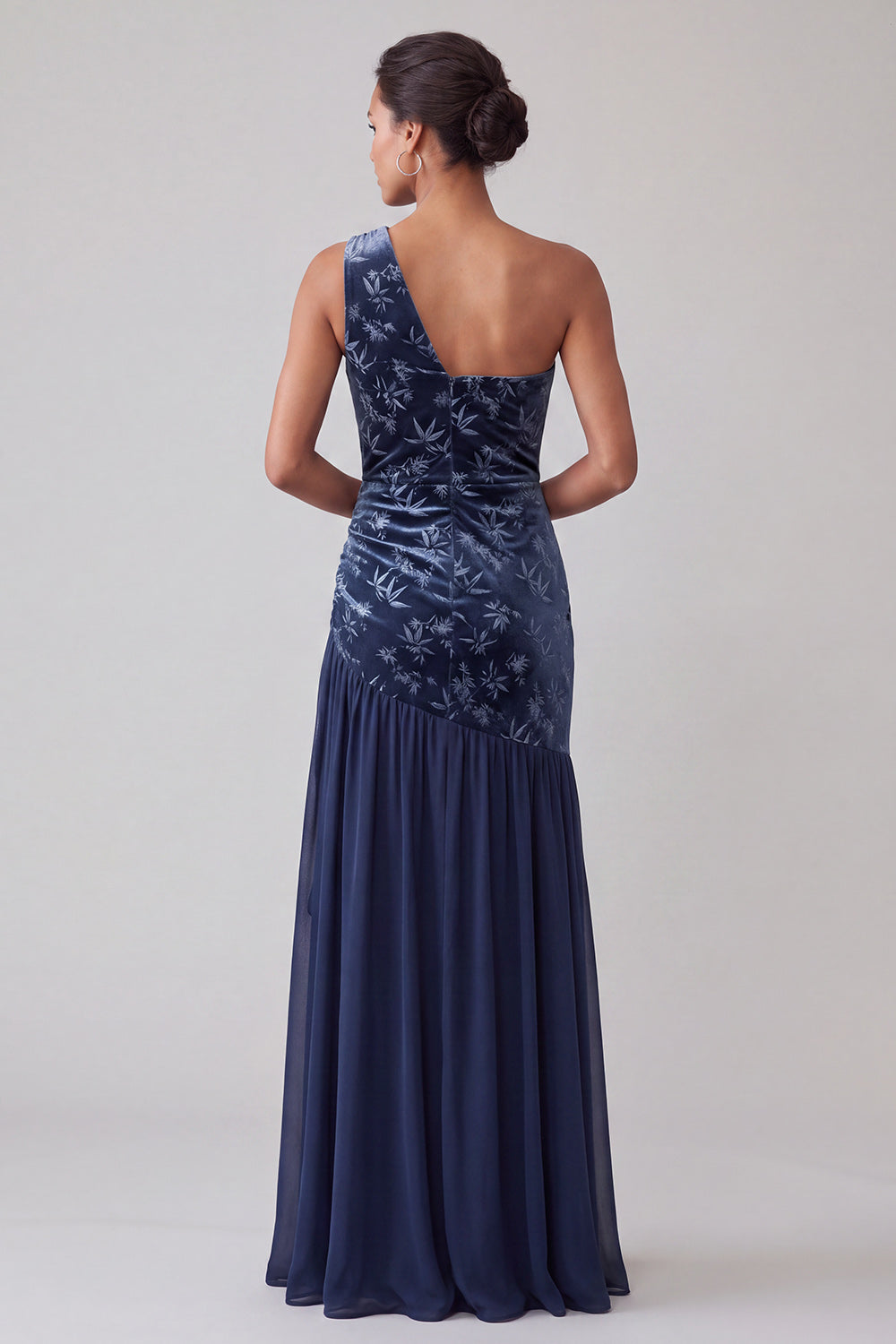 Navy Velvet One-Shoulder Asymmetrical Chiffon Mermaid Ruched Mother of the Bride Dress