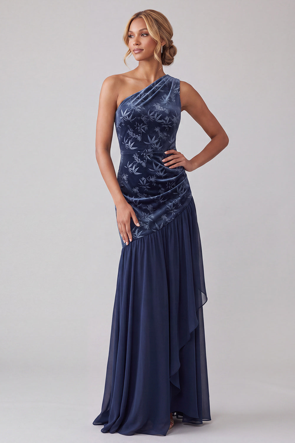 Navy Velvet One-Shoulder Asymmetrical Chiffon Mermaid Ruched Mother of the Bride Dress