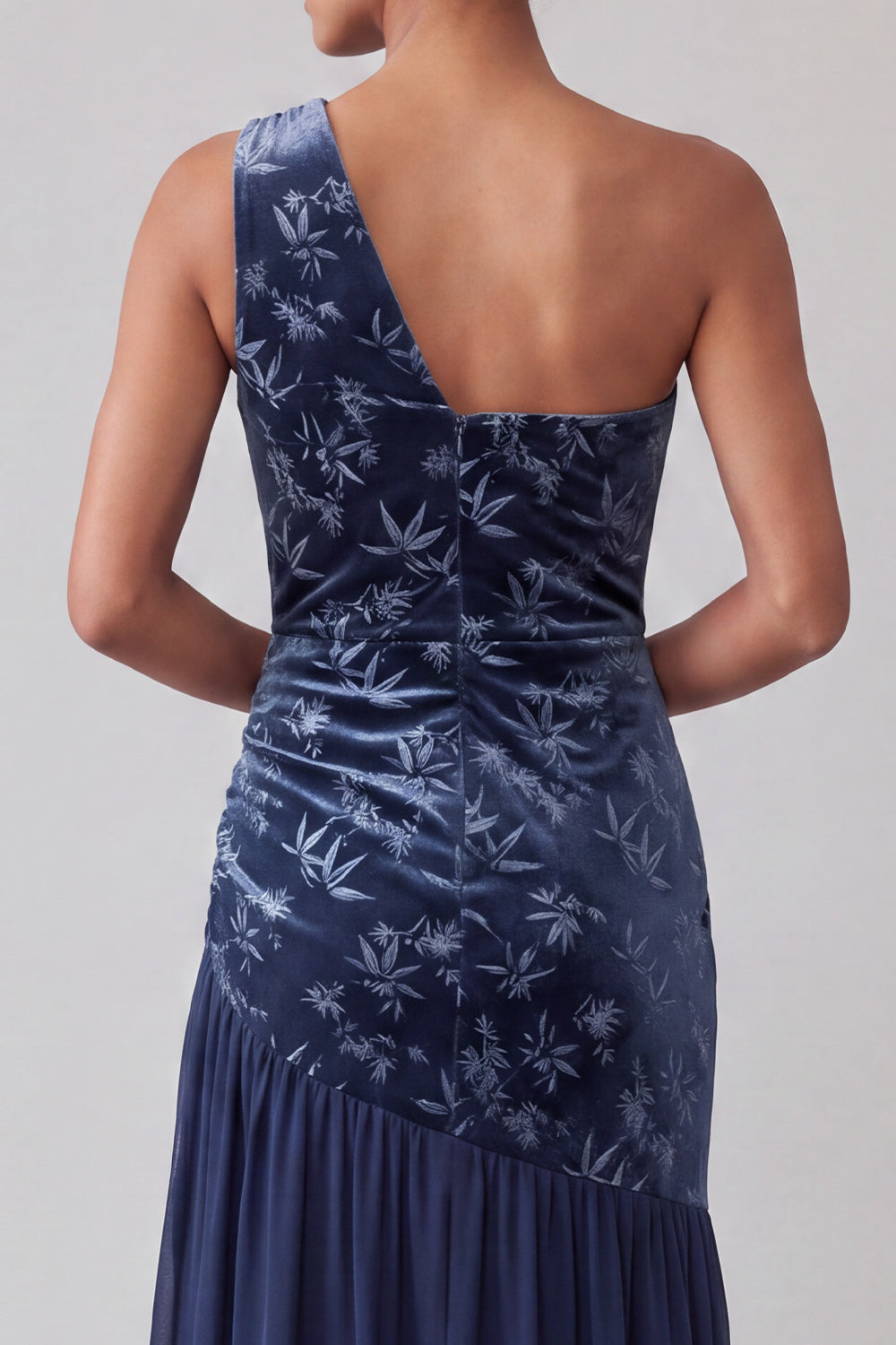 Navy Velvet One-Shoulder Asymmetrical Chiffon Mermaid Ruched Mother of the Bride Dress