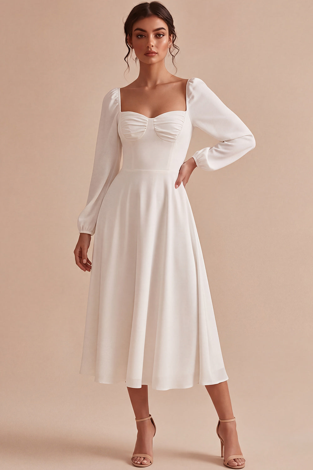 White A-Line Sweetheart Midi Engagement Dress with Long Sleeves