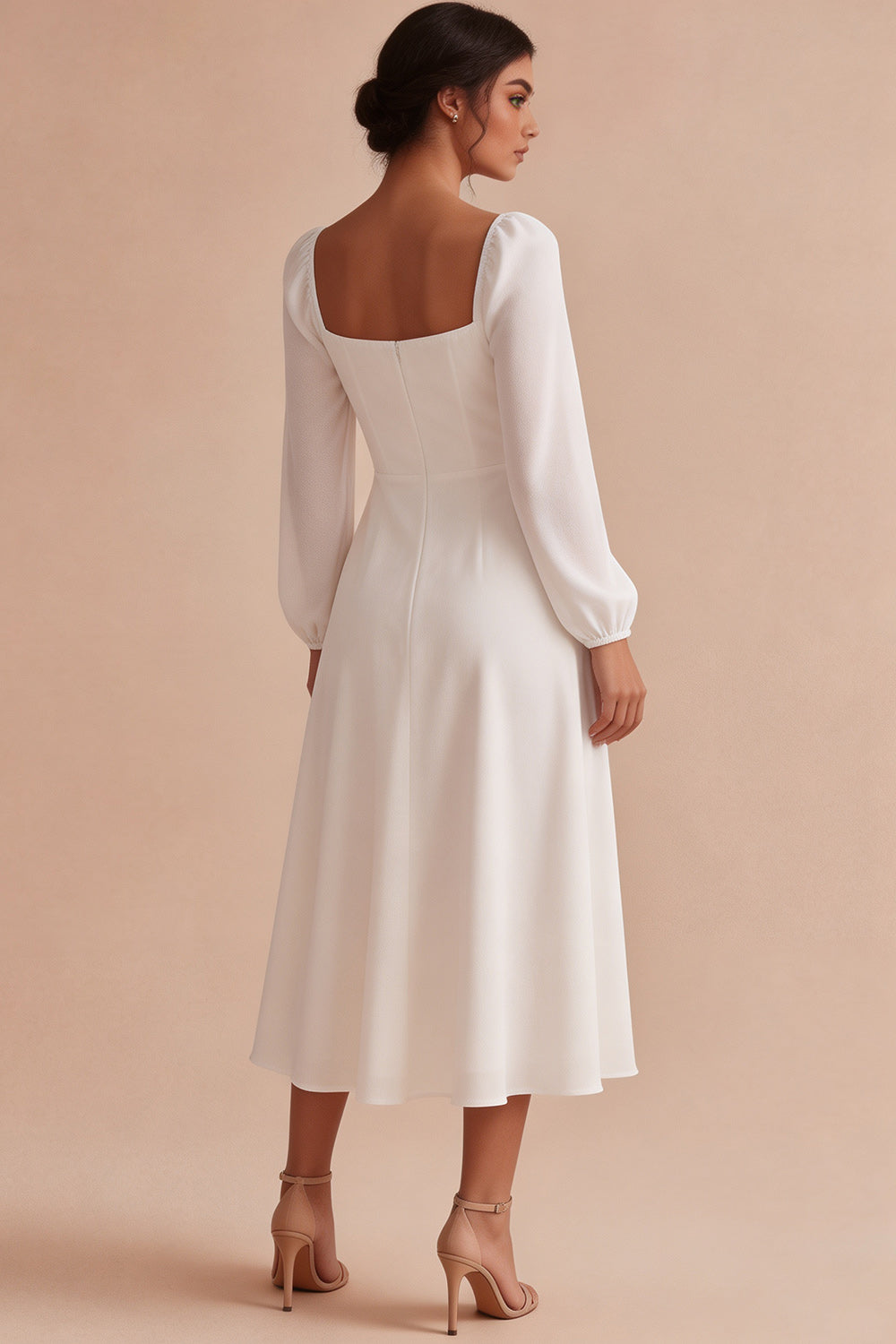 White A-Line Sweetheart Midi Engagement Dress with Long Sleeves