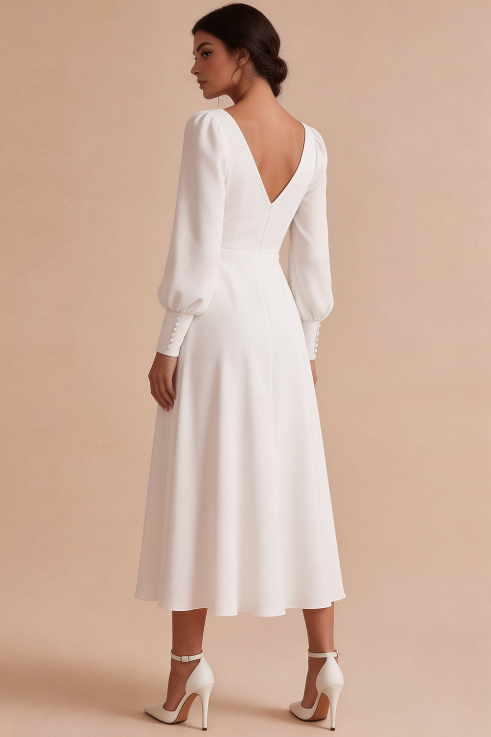 Robe de fiançailles midi trapèze blanche froncée à manches longues