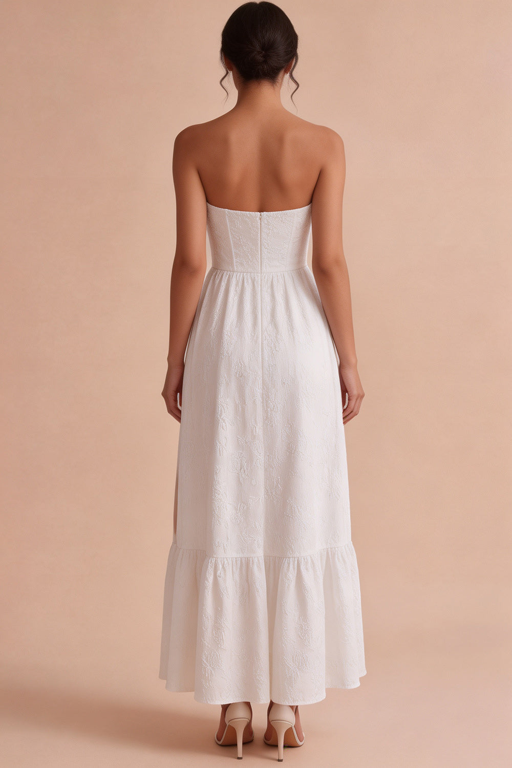 Strapless White Jacquard A-Line Corset Long Engagement Dress with Slit