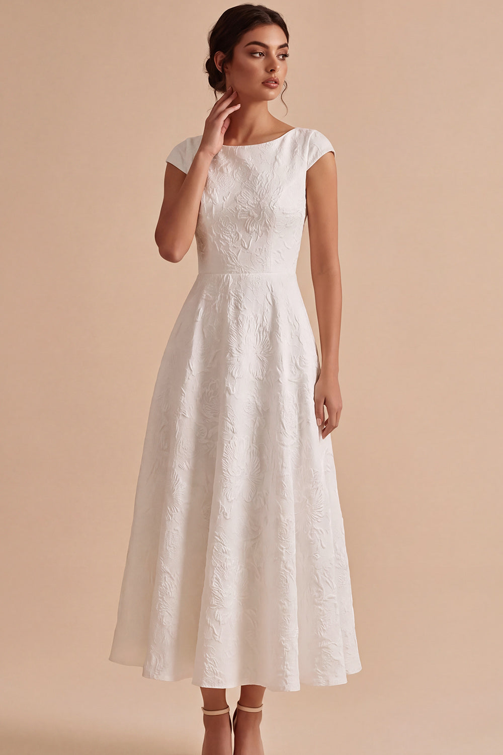 White A-Line Bateau Jacquard Long Engagement Dress with Cap Sleeves