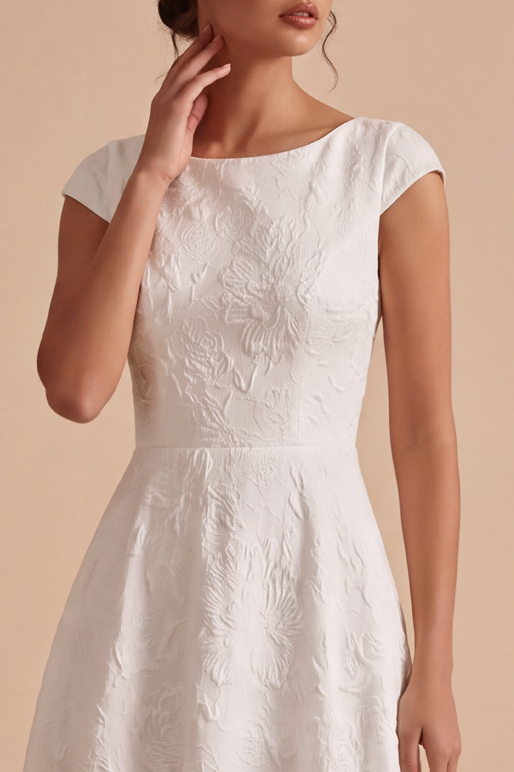 White A-Line Bateau Jacquard Long Engagement Dress with Cap Sleeves
