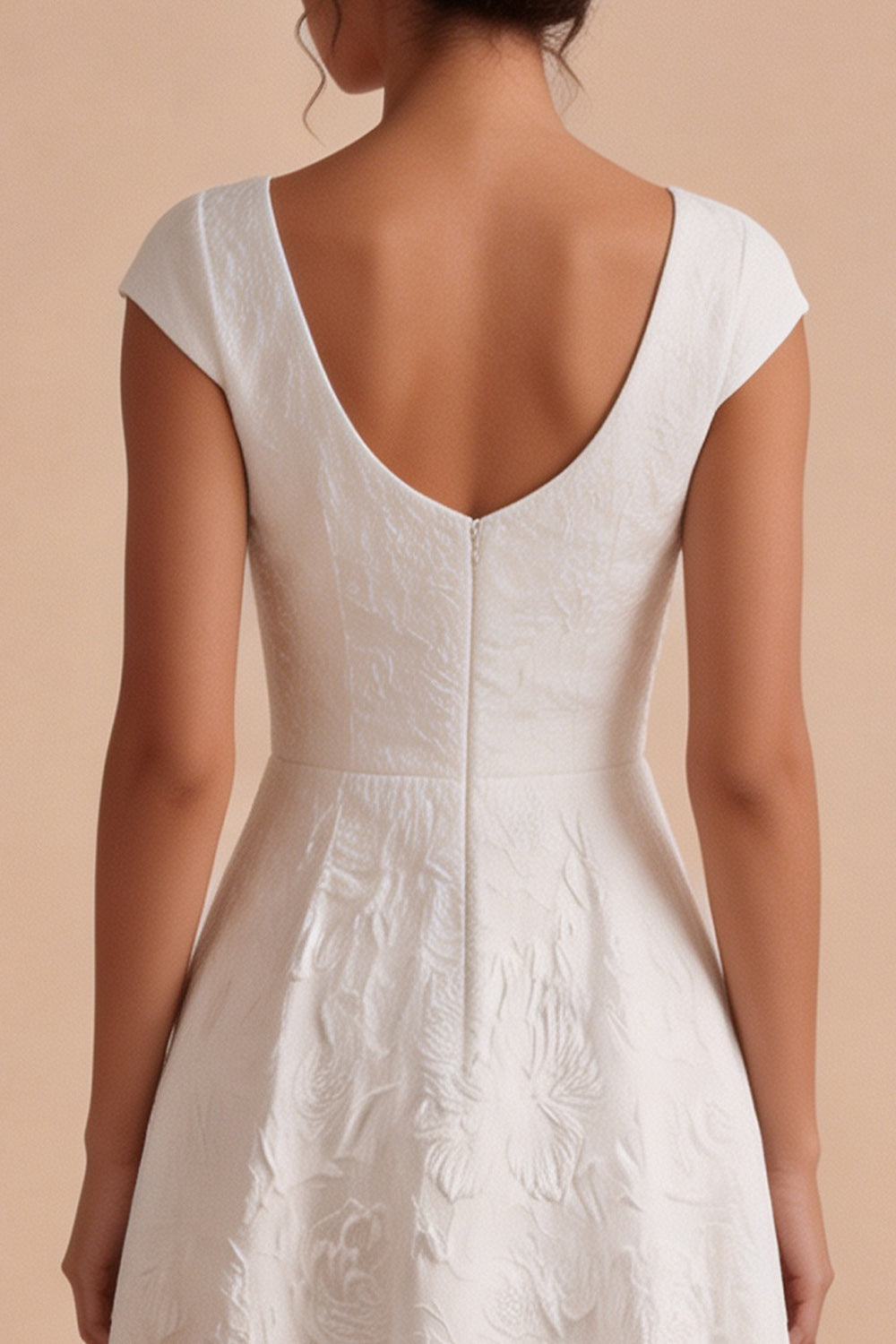 White A-Line Bateau Jacquard Long Engagement Dress with Cap Sleeves