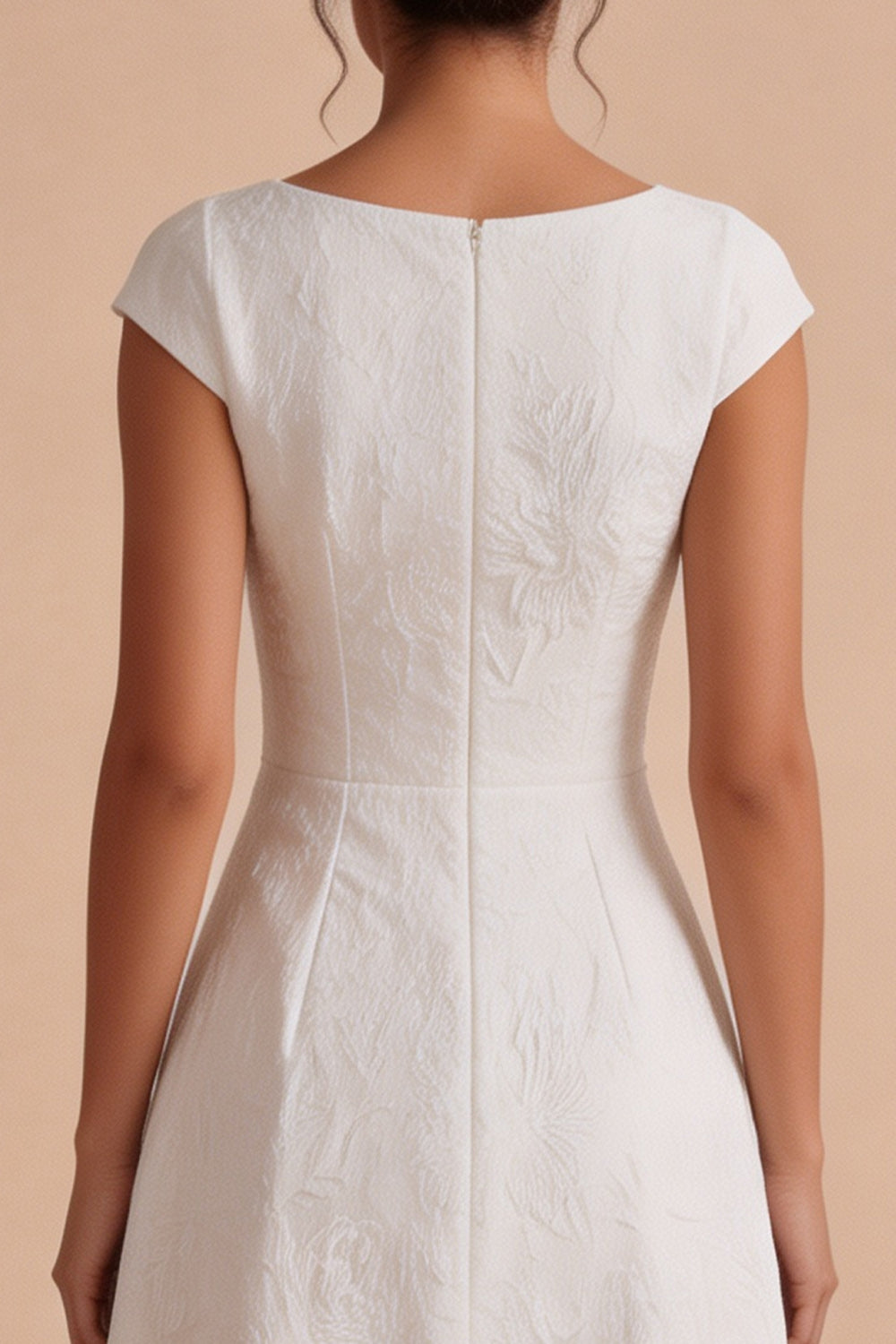 White A-Line Bateau Jacquard Long Engagement Dress with Cap Sleeves