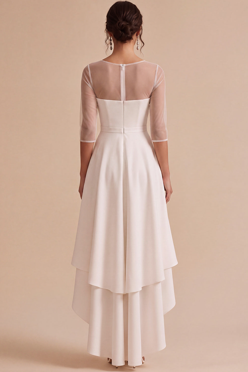 White Illusion Neck High-Low Asymmetrical Hem A-Line Engagement Dress with 3/4 Sleeves