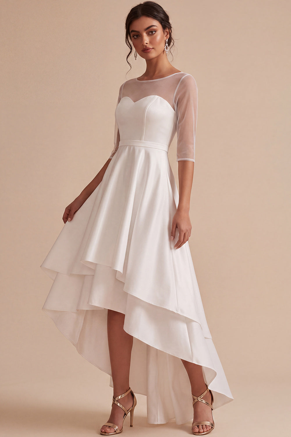 White Illusion Neck High-Low Asymmetrical Hem A-Line Engagement Dress with 3/4 Sleeves