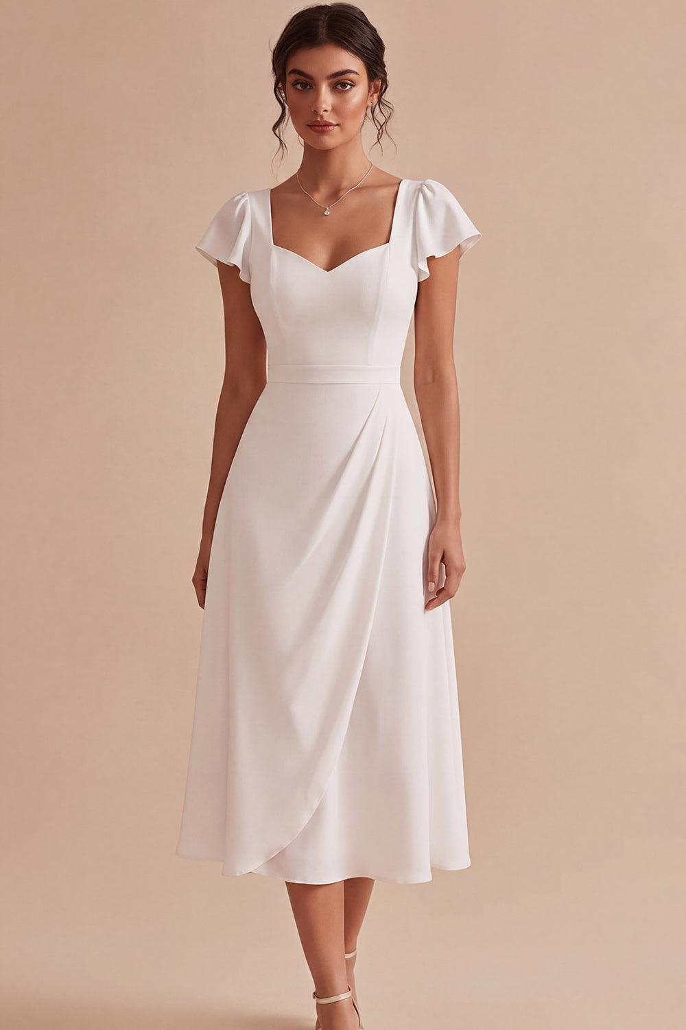 White A-Line Flutter Sleeves Midi Engagement Dress