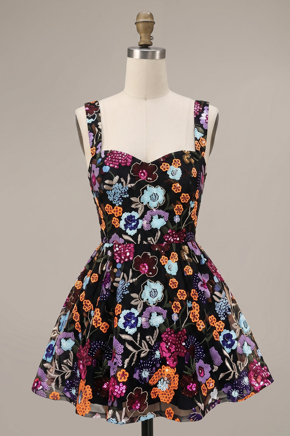 Black A-Line Sweetheart Floral Short Homecoming Dress