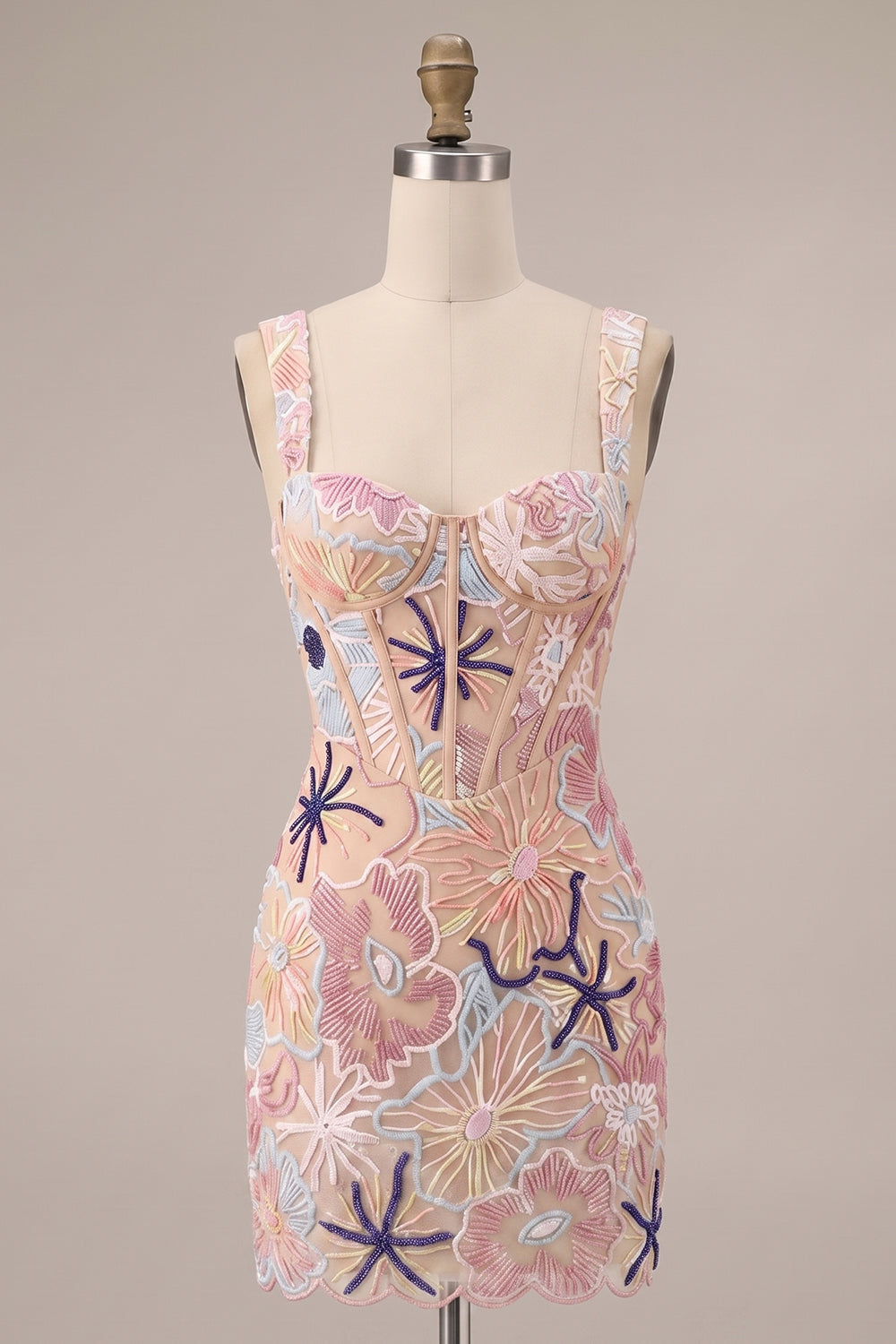 Pink Corset Bodycon Square Neck Mini Homecoming Dress with Appliques