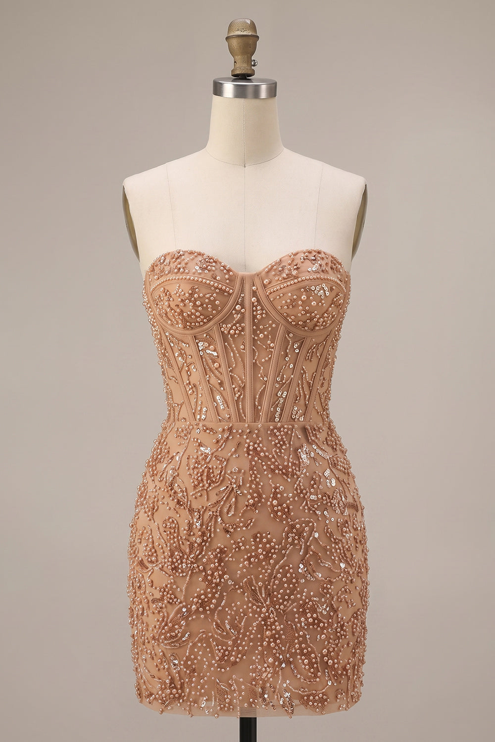 Champagne Bodycon Pearl Corset Strapless Beaded Short Homecoming Dress